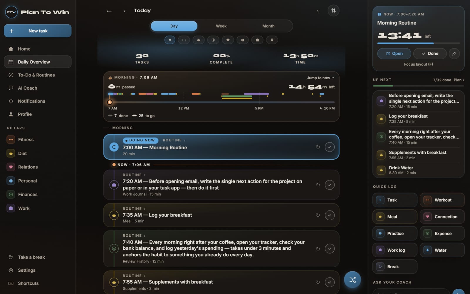The Plan To Win desktop layout in a browser: your pillars on the left, Daily Overview with the Day Line in the middle, and the current task, what's next and quick logging on the right
